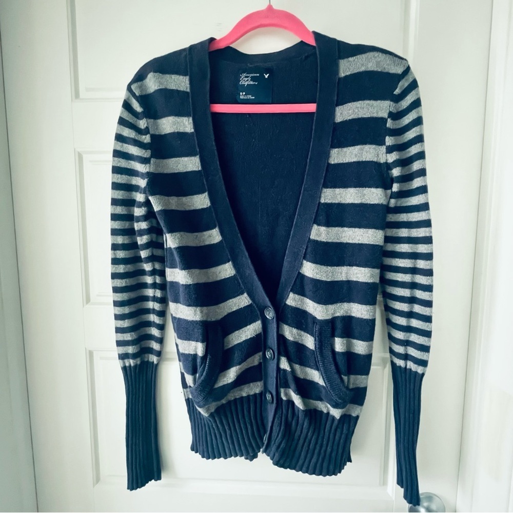 American Eagle Outfitters Striped Navy and Gray Women's Cardigan Sweater Size S